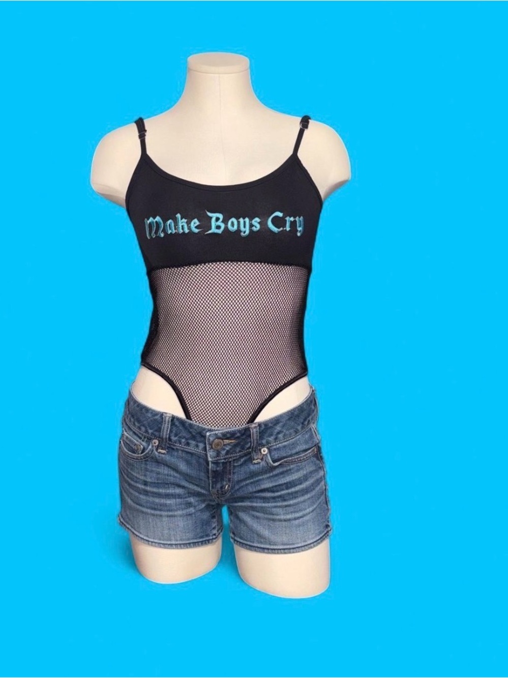 Forever 21 Black Mesh Bodysuit with Aqua 'Make Boys Cry' Logo